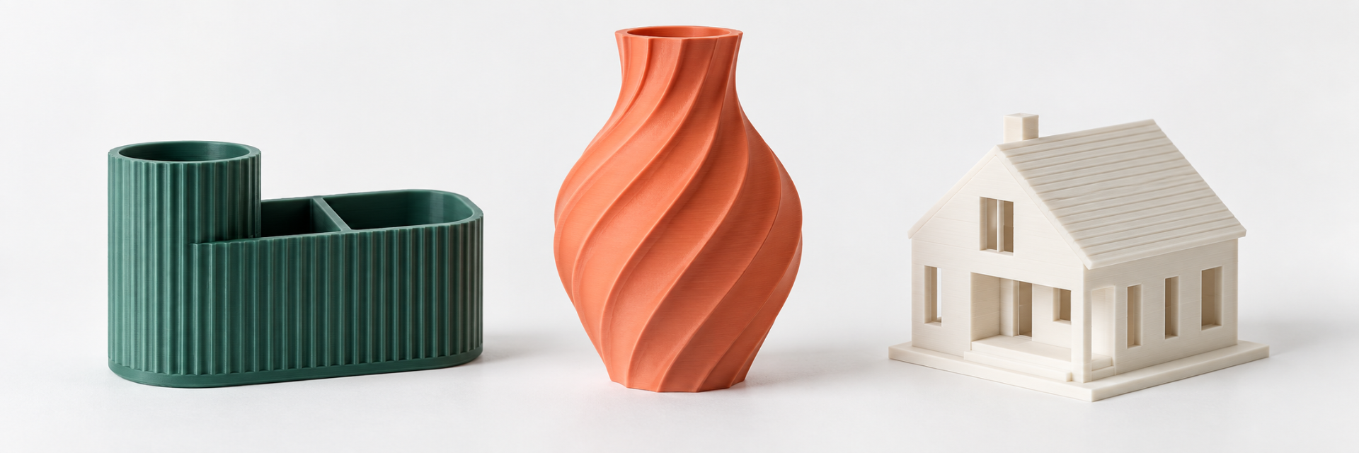 Illustration of PLA applications: an organiser, a decorative vase and an architectural model